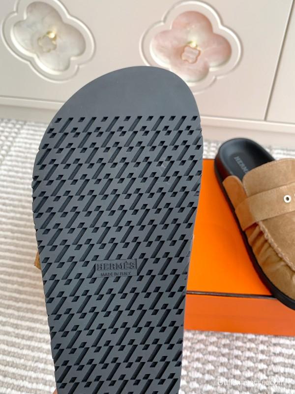 2025 Women Hermès Deep Brown Suede Mule Buckle KFY00290