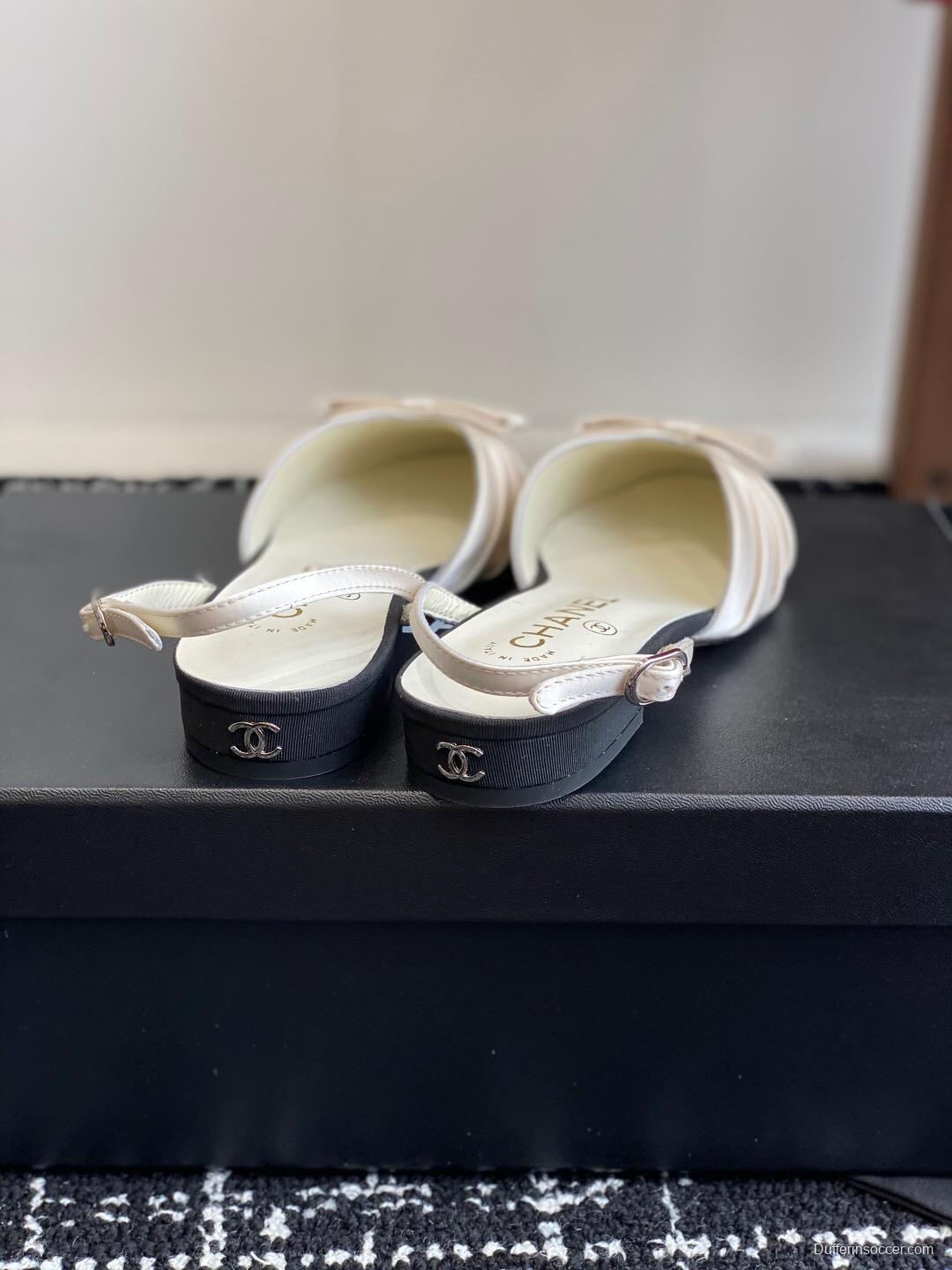 2025 Women Chanel Black Beige Silk Leather Sandals Bow KFY00289