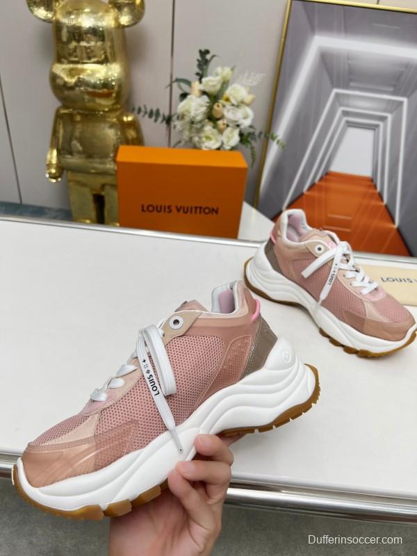 2025 Women Louis Vuitton Pink White Mesh Leather Sneakers LY00340