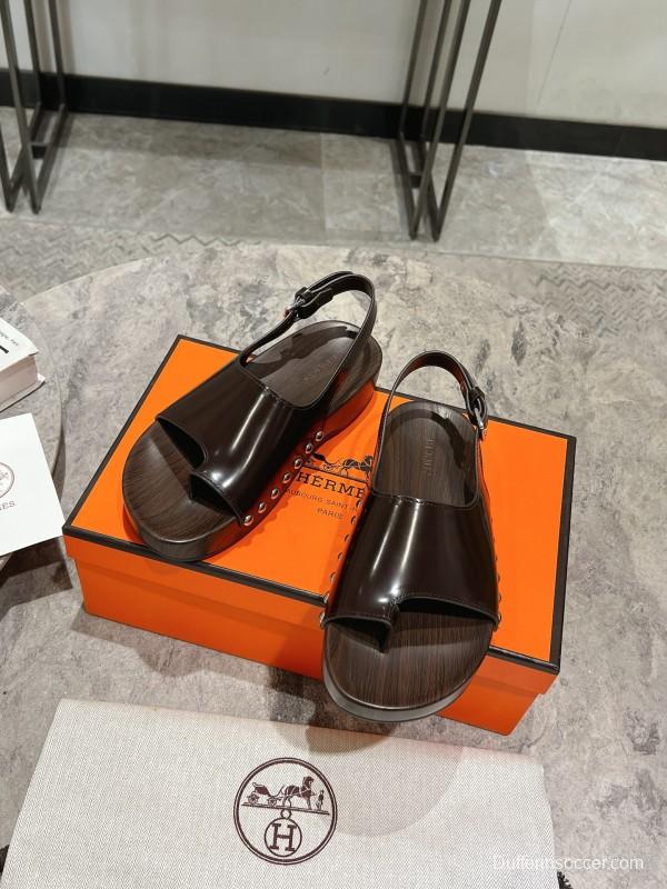 2025 Women Hermès Brown Leather Sandals KFY00250