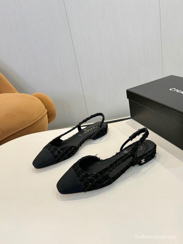 2025 Women Chanel Black Leather Tweed Ballet Flats LY00240