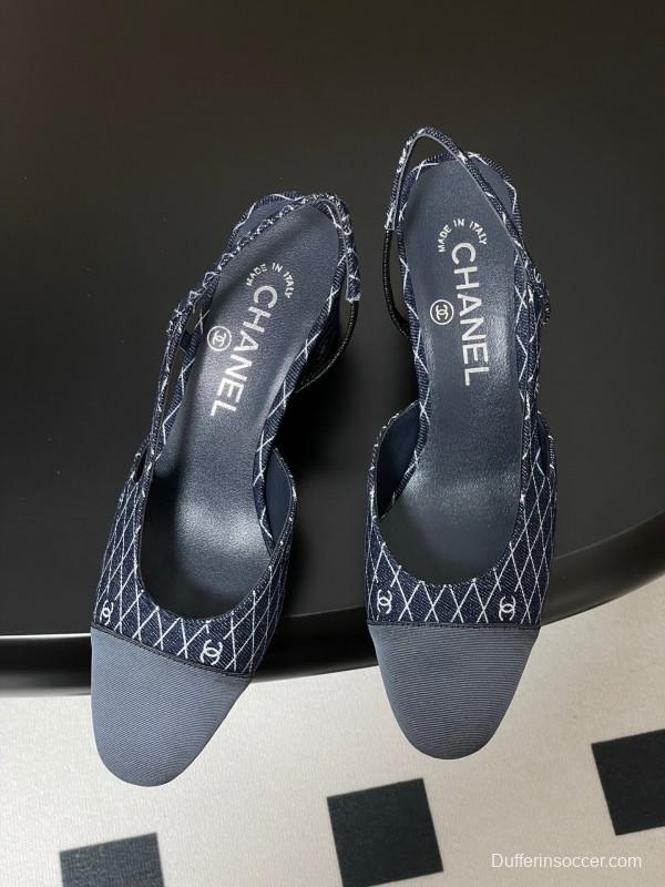 2025 Women Chanel Blue Denim Leather Sling-back Heels