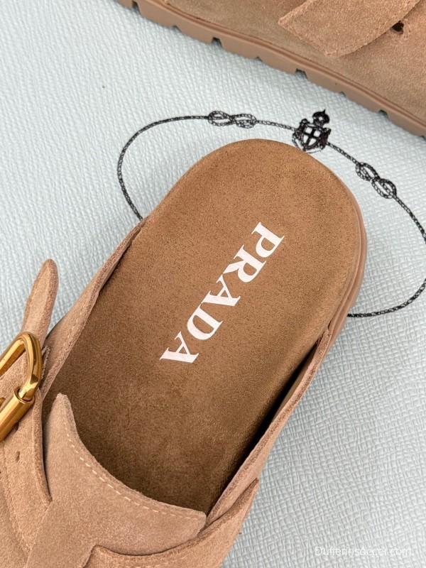 2025 Women Prada Beige Suede Clogs Buckle KFY00280