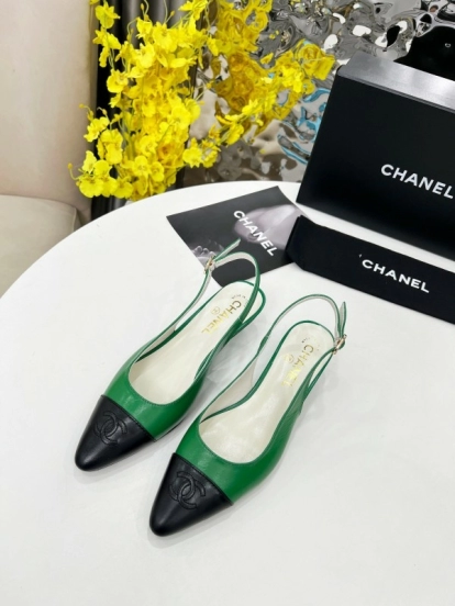2025 Women Chanel Green Black Leather Slingback Flats