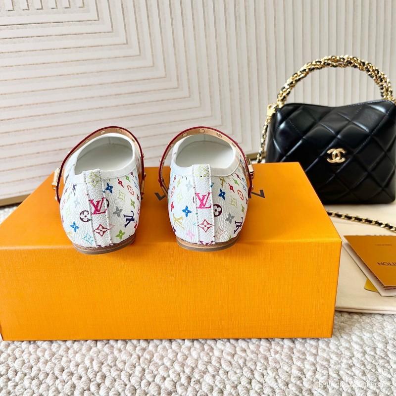 2025 Women Louis Vuitton White Multicolor Leather Ballet Flat