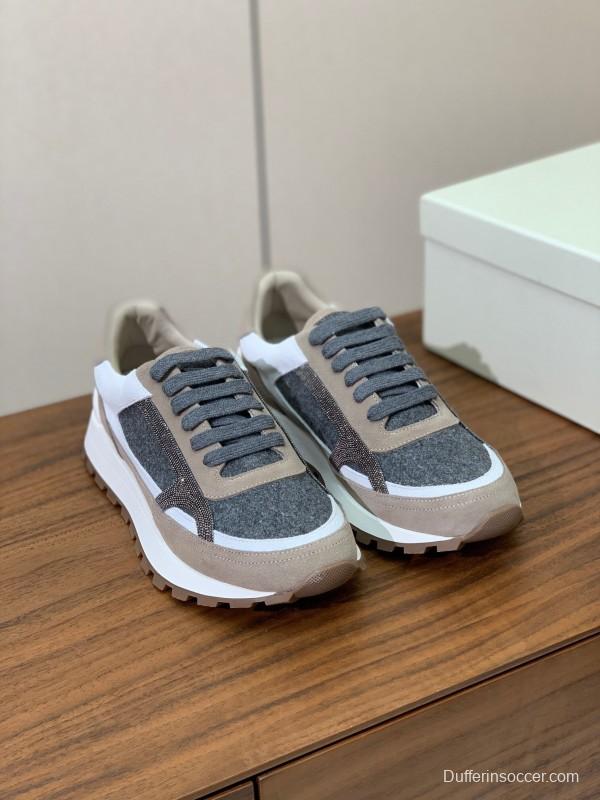 2025 Unisex Brunello Cucinelli Beige Gray White Leather Wool Casual Sneakers LY