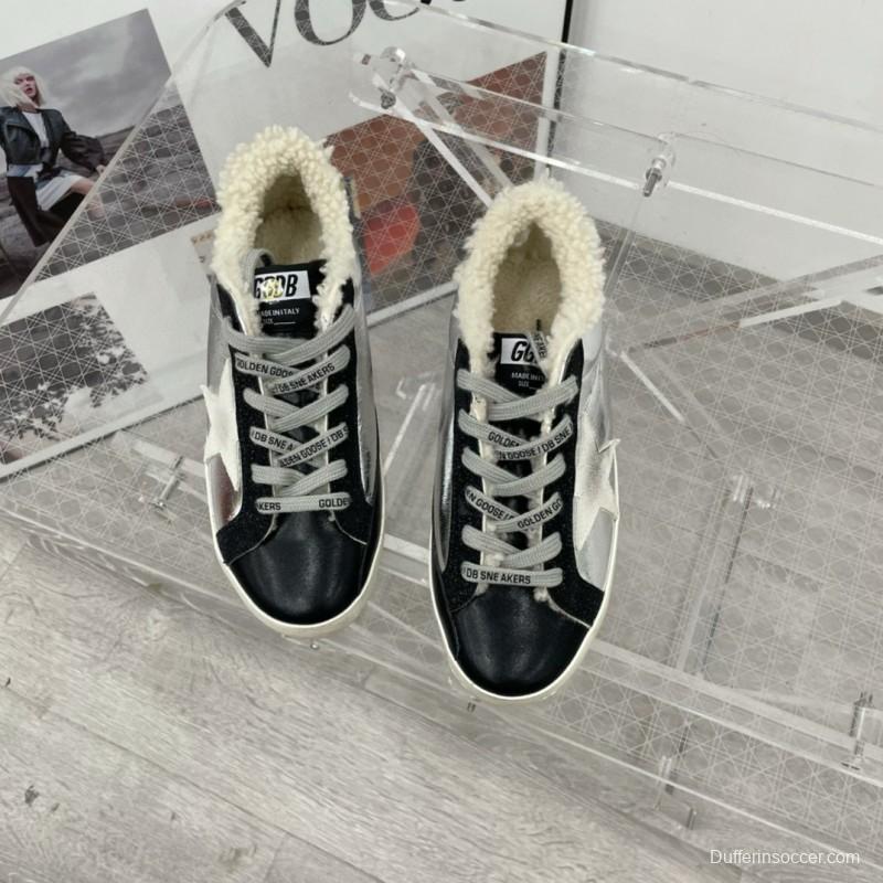 2025 Women GGDB Silver Black Leather Shearling Sneakers