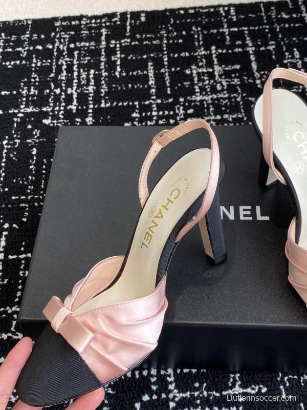 2025 Women Chanel Pink Black Satin Leather Slingback Heels KFY00289
