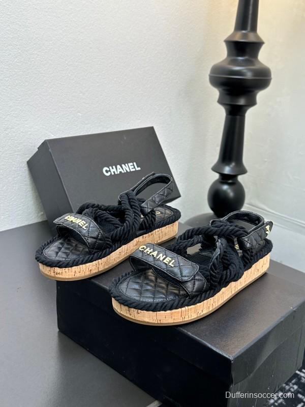 2025 Slippers Chanel Black Rope Leather Sandal LY00260