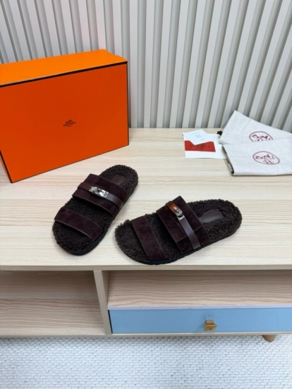 2024 Slippers Hermès Dark Brown Suede Shearling Slippers MJ00300