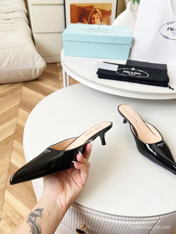 2025 Women Prada Black Patent Leather Heeled Slippers LY