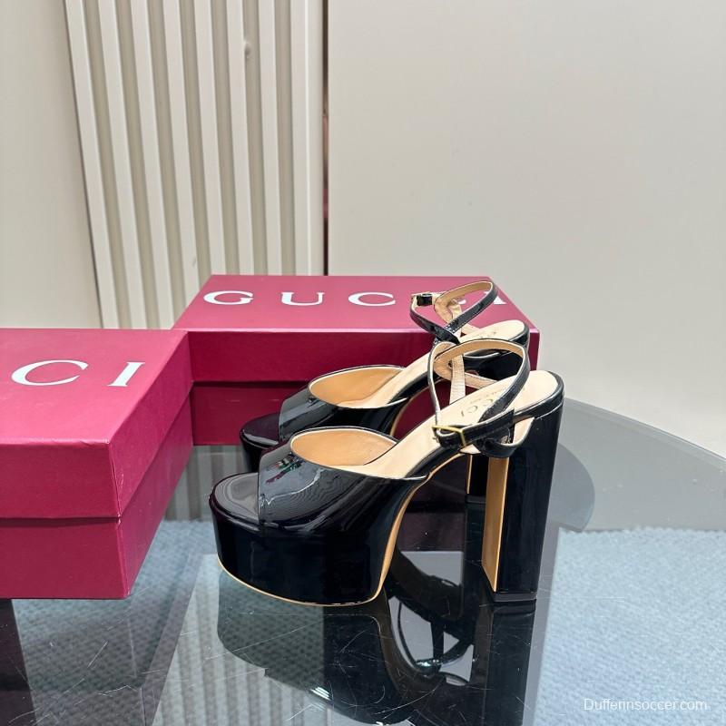 2025 Women Gucci Black Patent Leather Platform Sandals