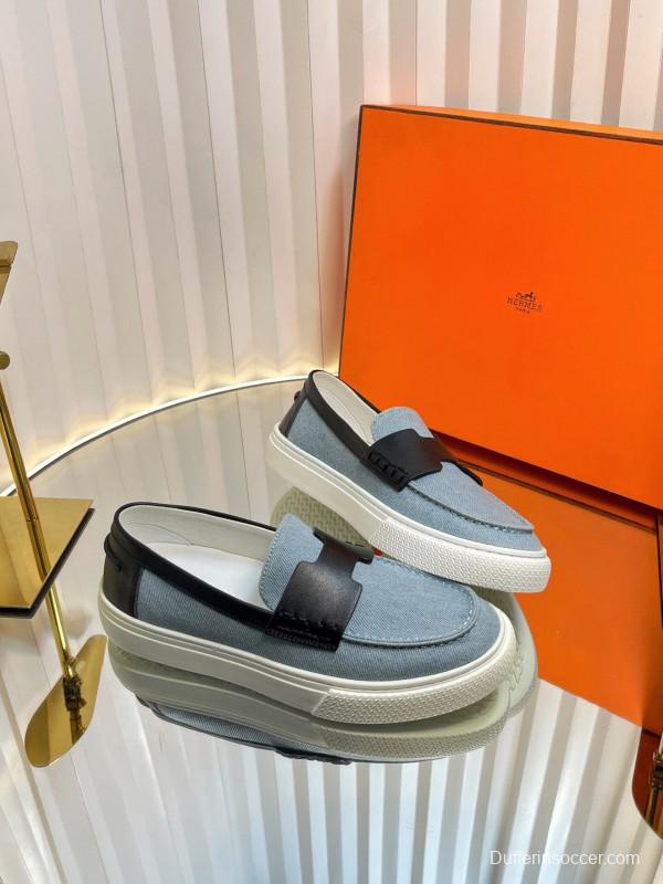 2025 Women Hermès Blue Black Leather Denim Loafers LY00310