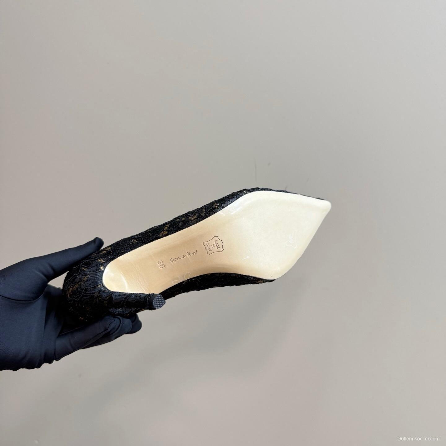 2025 Women Gianvito Rossi Black Lace Leather High Heel KFY00280