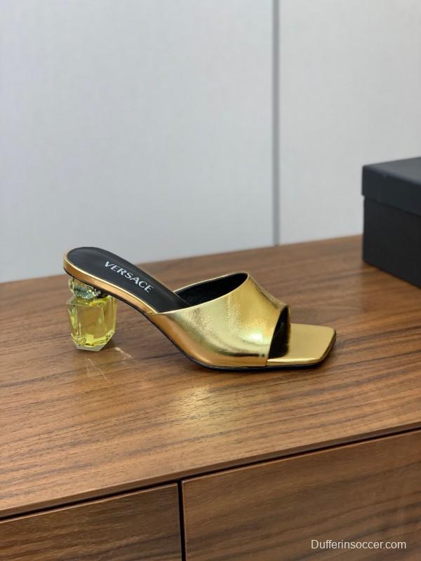 2025 Women VERSACE Gold Leather Heeled Sandals