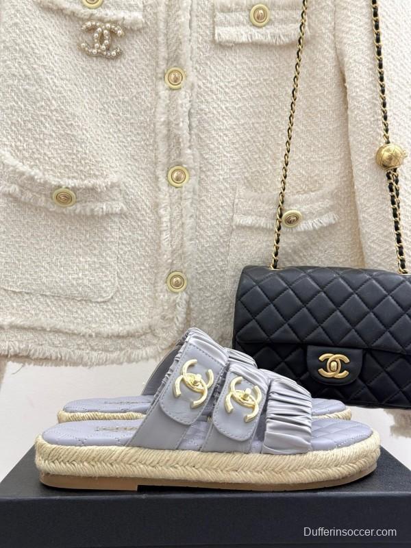 2025 Women Chanel Silver Leather Slippers KFY00230