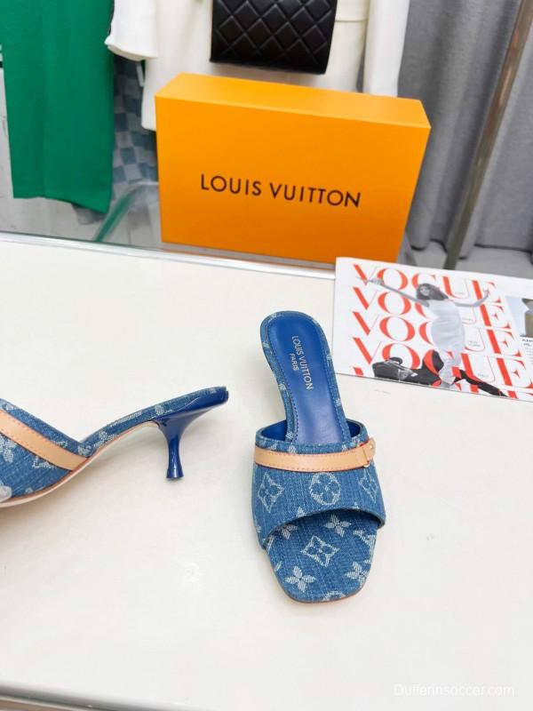 2025 Women Louis Vuitton Denim Blue Leather Heeled Sandals LY00260