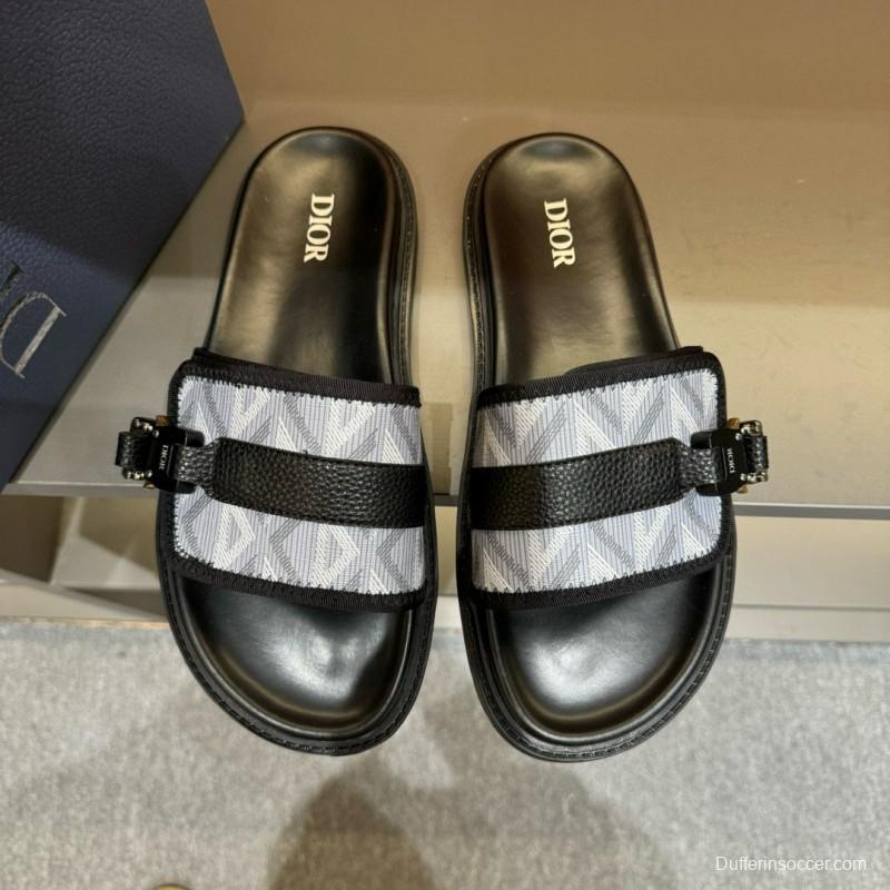 2024 Men Dior Black White Oblique Embroidered Leather Sandals H-Town MJ00190