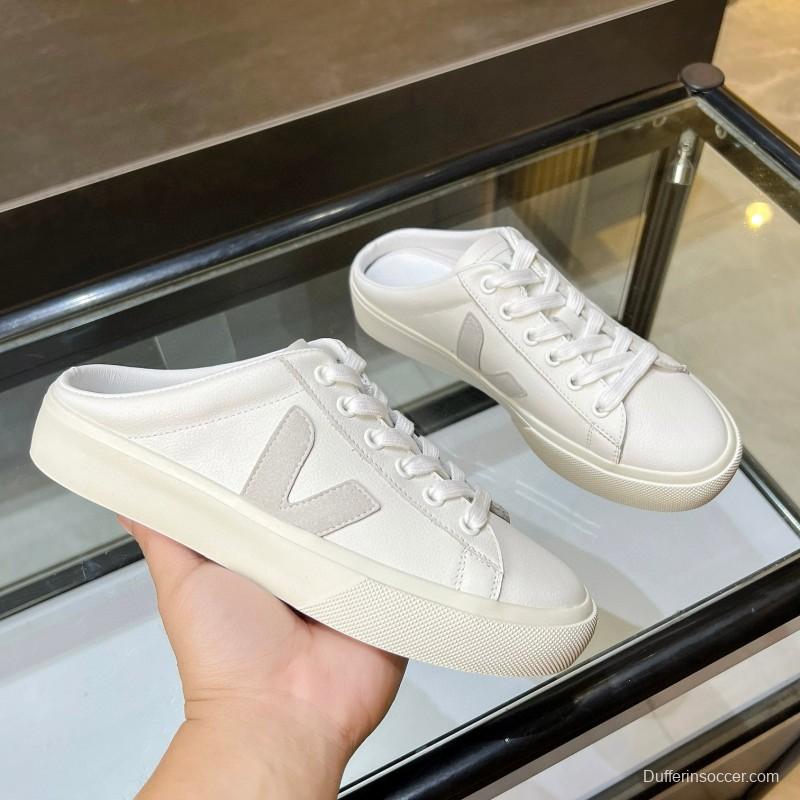 2025 Women VEJA White Canvas Leather Mule Sneakers MJ00240