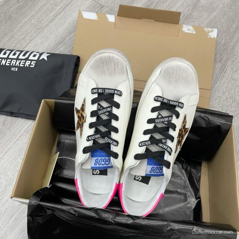 2025 Women GGDB White Pink Leopard Print Leather Sneakers