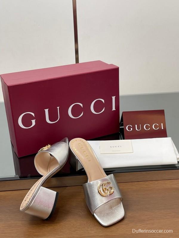 2025 Women Gucci Gold Leather Mules GG Emblem LY00280