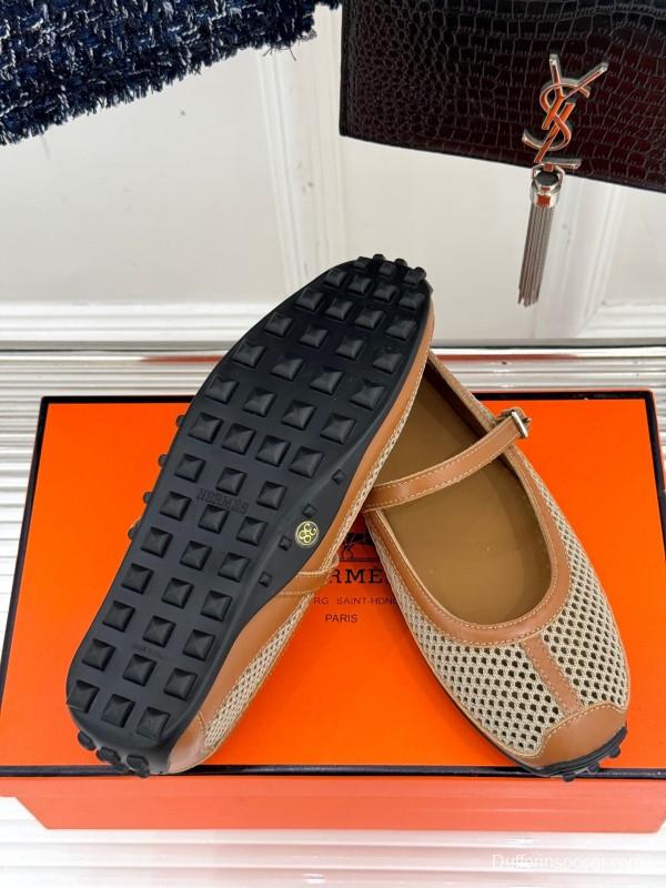 2025 Women Hermès Beige Mesh Leather Mary Jane