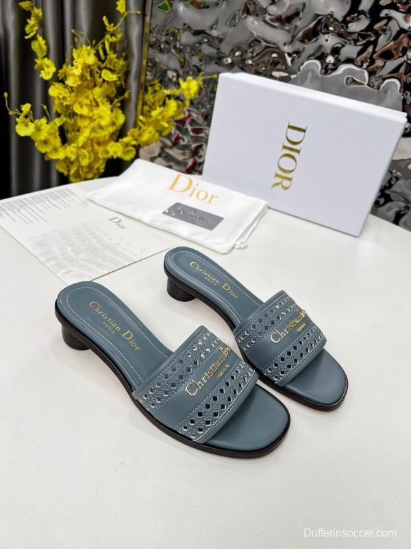 2025 Women Dior Blue Leather Slide Sandals LY00210