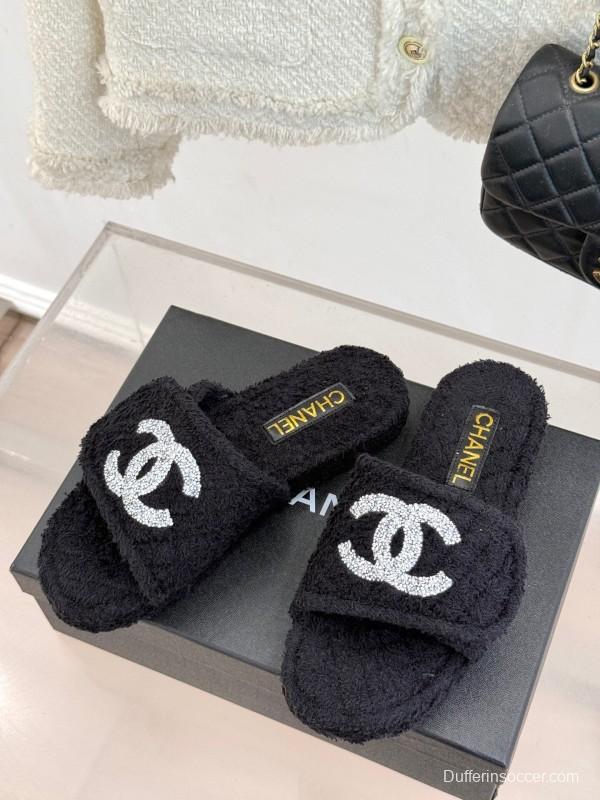 2025 Women Chanel Black Terry Cloth Slippers KFY00220