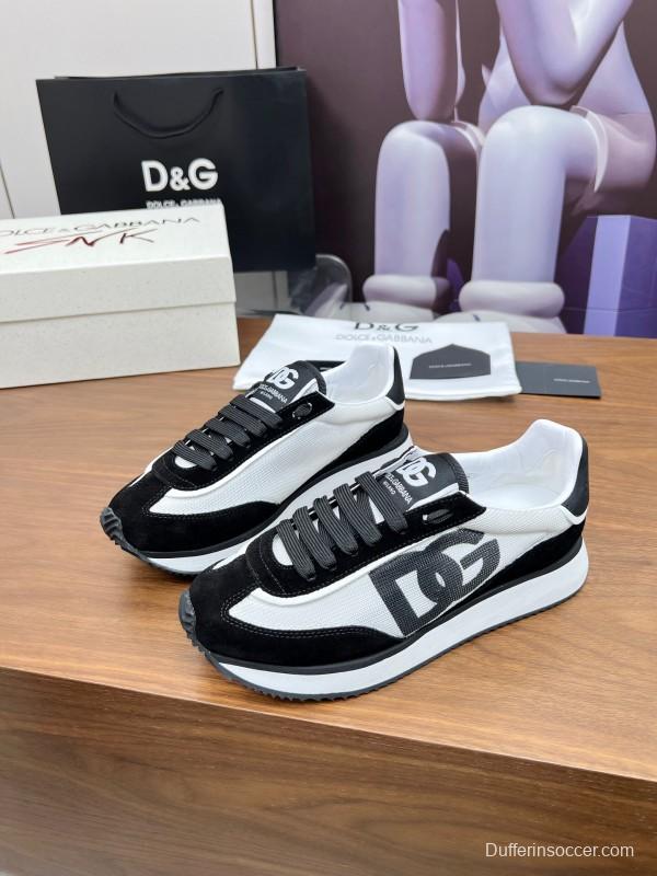 2025 Unisex Dolce & Gabbana Black White Mesh Suede Sneakers LY00300