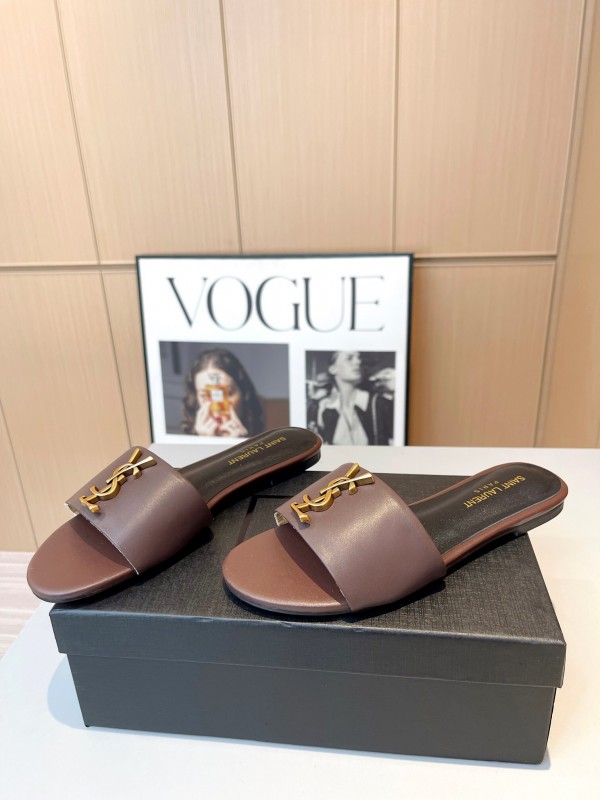 2025 Women Yves Saint Laurent Brown Leather Slippers LY00180