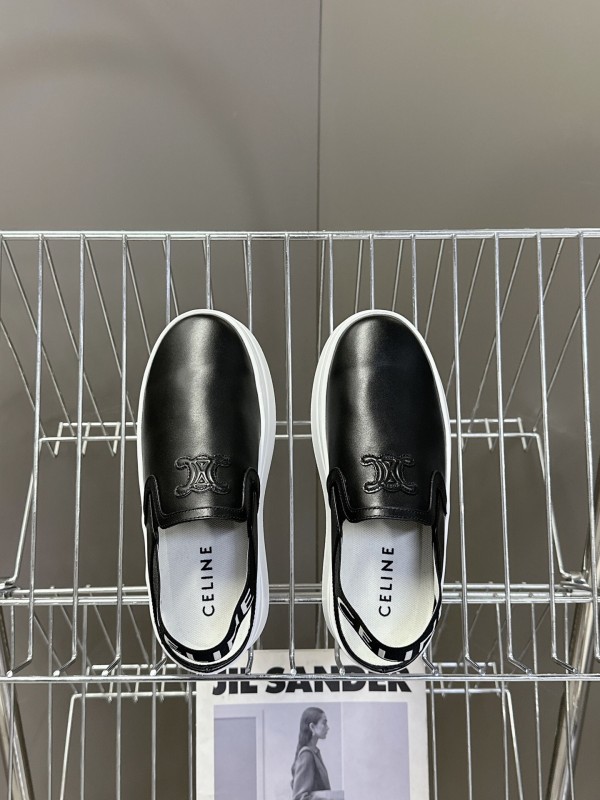 2025 Women CELINE Black White Leather Slip-On Sneakers LY00280