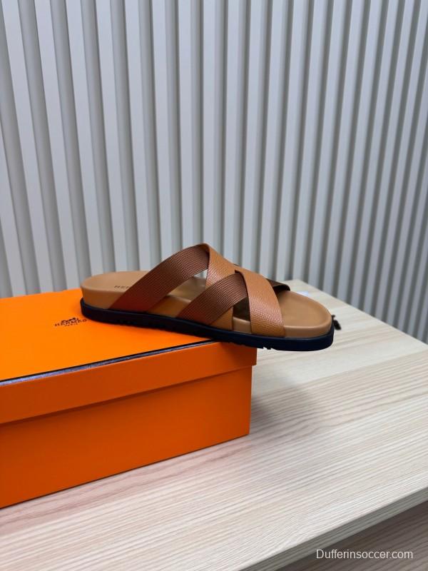 2025 Men Hermès Brown Leather Slippers