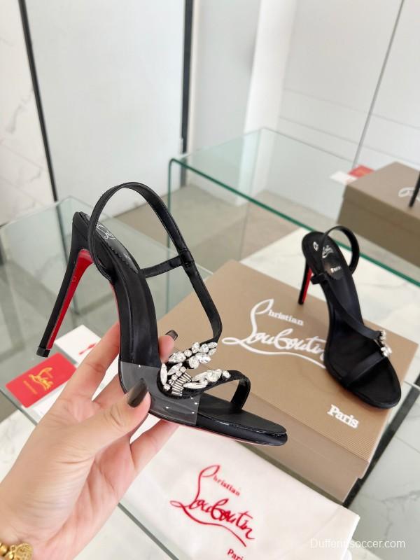 2025 Women ChristianLouboutin Black Satin High Heel Sandals Crystal Embellishment LY00300