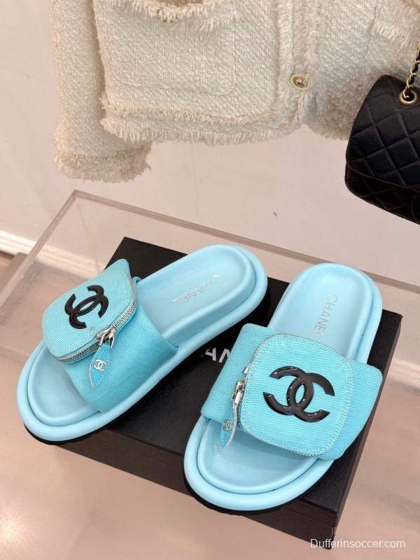 2025 Slippers Chanel Blue Fabric Slippers KFY00220