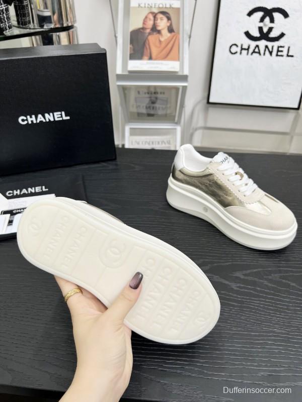 2025 Women Chanel Beige Gold Leather Suede Sneakers LY00290