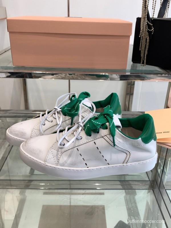 2025 Women Miu Miu White Green Leather Sneakers LY00290