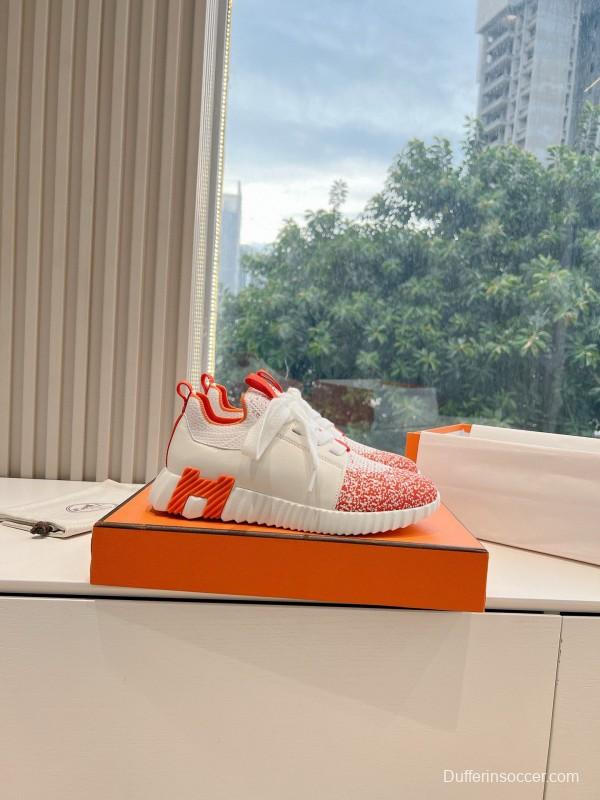 2024 Unisex Hermès white orange leather knit sneakers
