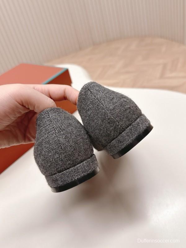 2025 Women LP Grey Black Fabric Leather Pointed Toe Loafers