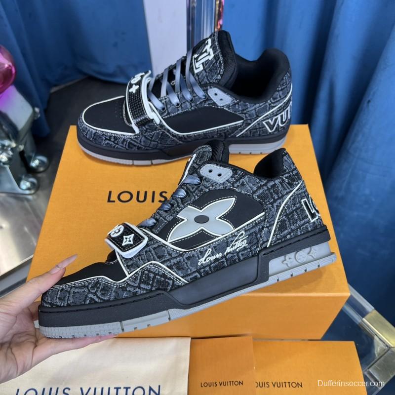 2025 Unisex Louis Vuitton Black Grey Leather Canvas Plimsolls Stitching LV0038