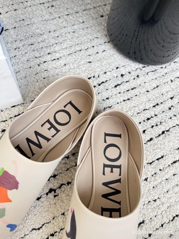 2025 Women Loewe Beige Lambskin Slippers Whale Pattern