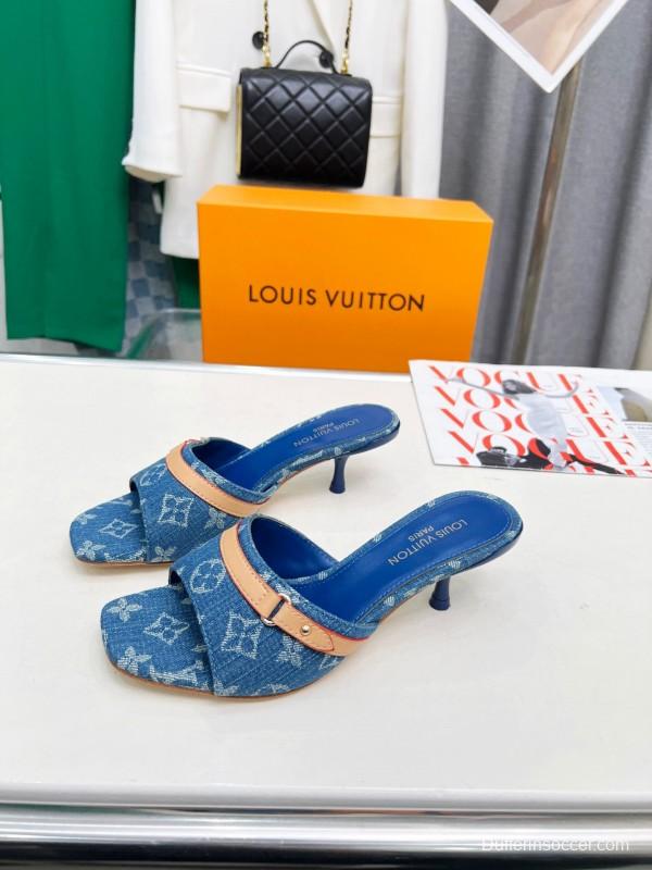 2025 Women Louis Vuitton Denim Blue Leather Heeled Sandals LY00260