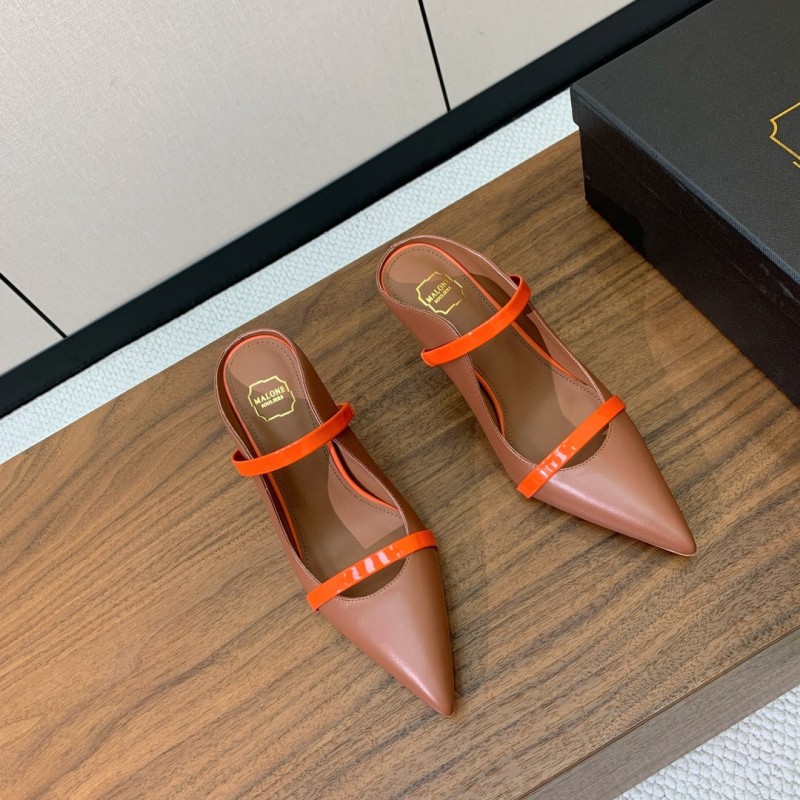 2025 Women Malone Souliers Brown Orange Leather Patent Leather Mid Heel Pumps