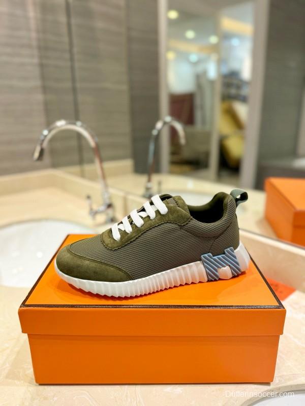 2024 Unisex Hermès Green Khaki Imported Silk Leather Sneakers MJ00320