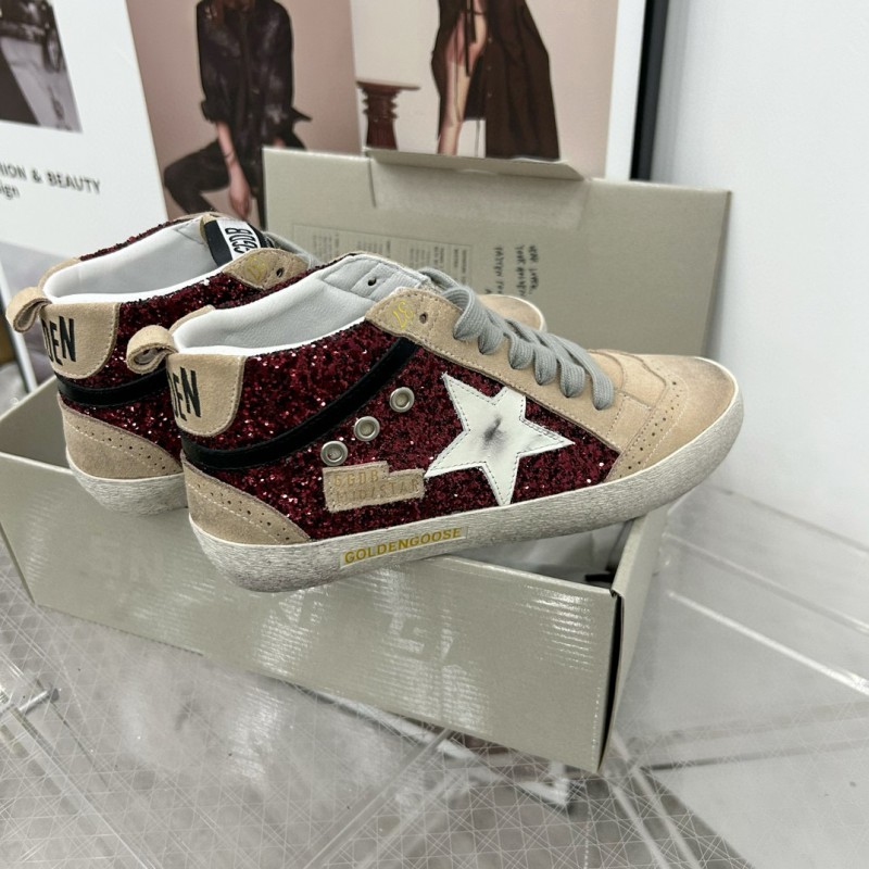 2024 Unisex GGDB Burgundy Beige Glitter Leather High Top Sneakers MJ00300