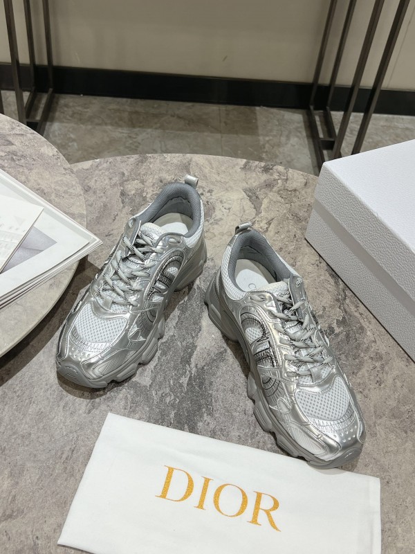 2025 Women Dior Silver Mesh Leather Running Sneakers
