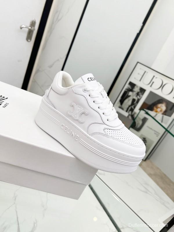 2025 Women Celine White Leather Platform Sneakers Embossed KFY00270