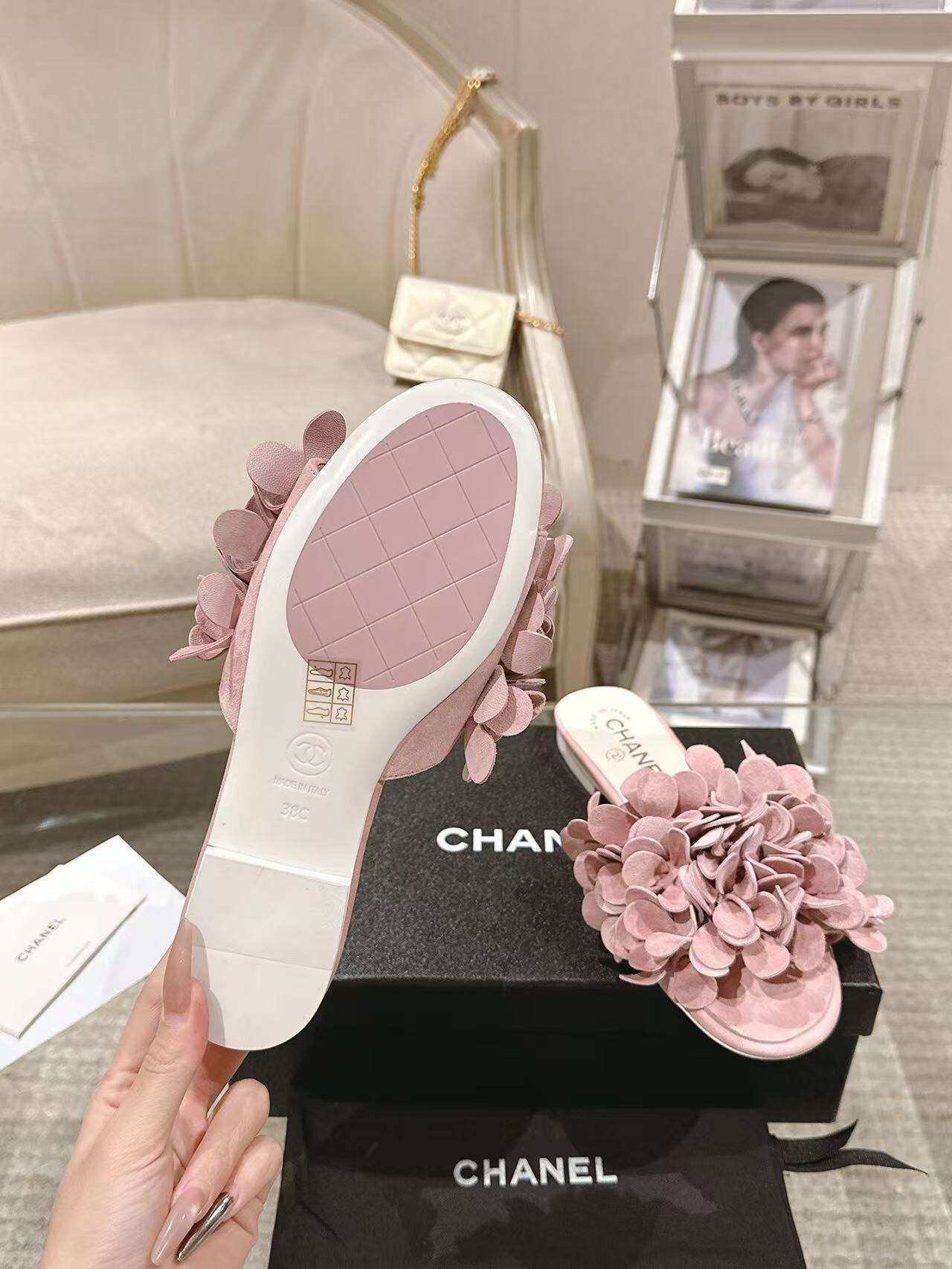 2025 Women Chanel Pink Suede Slippers Floral B2032-2