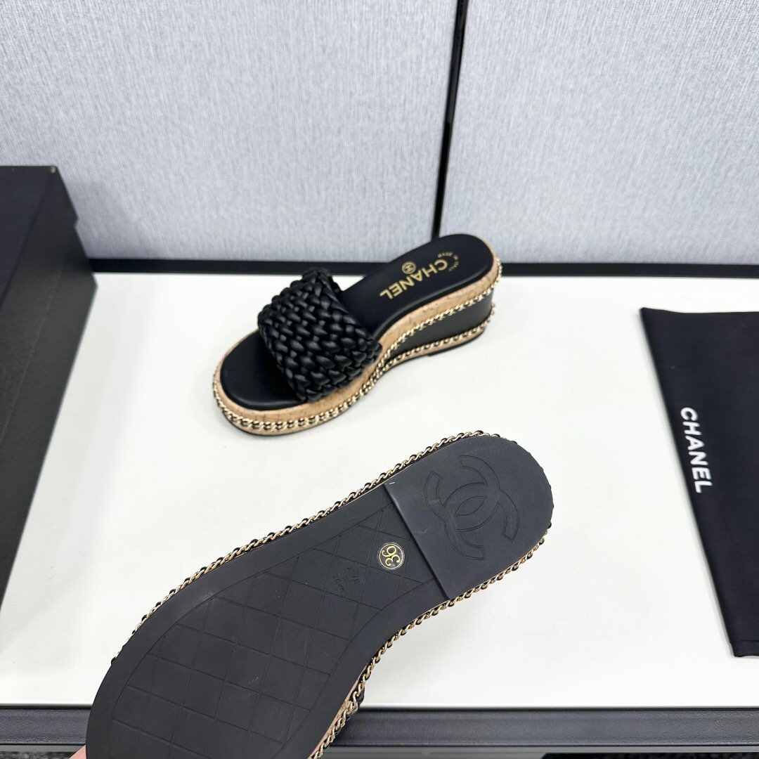 2025 Women Chanel Black Leather Woven Platform Sandals