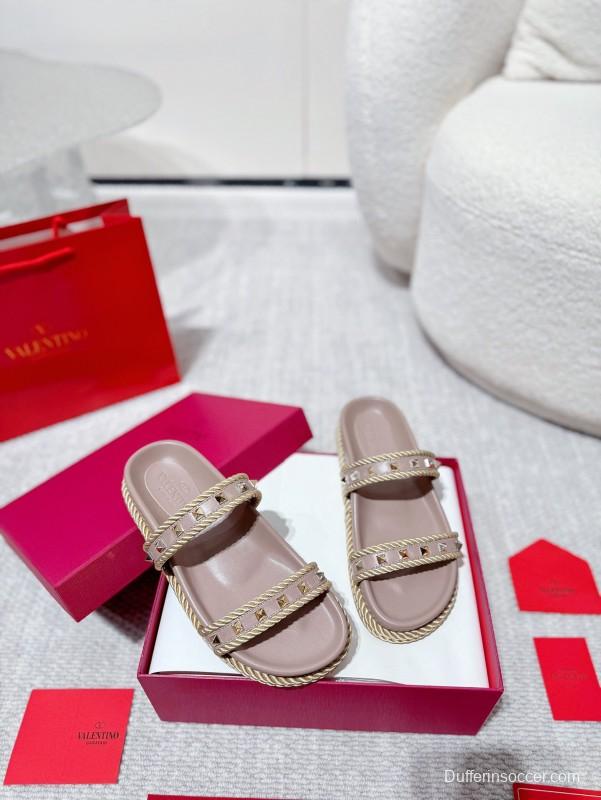 2025 Women Valentino Beige Leather Slippers
