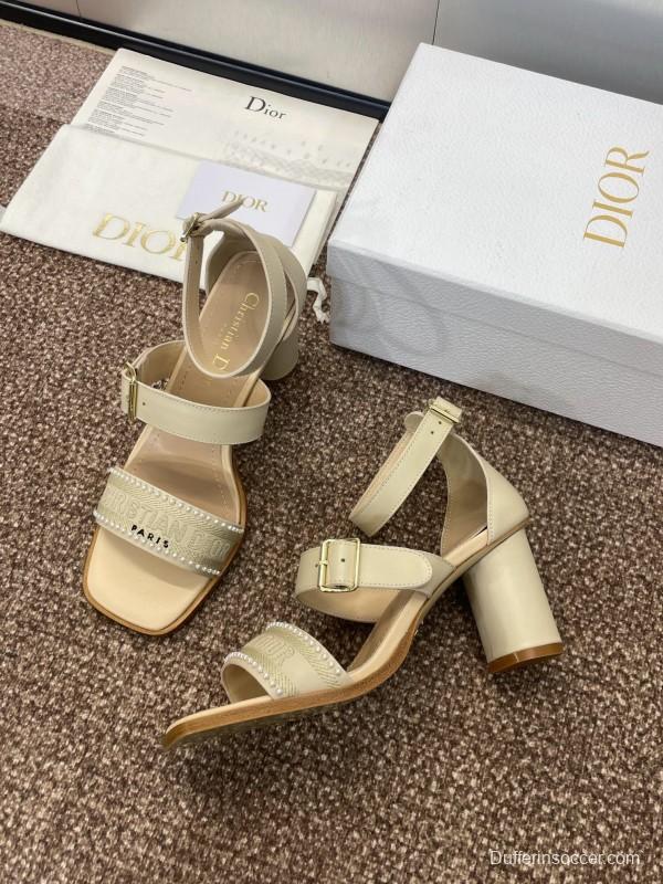2025 Women Dior Beige Leather Sandals Ankle Strap KFY00320